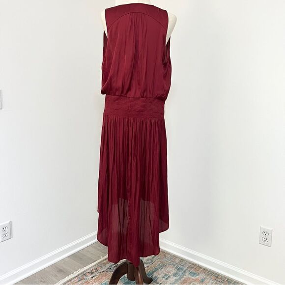 Halston Heritage Sleeveless Smocked Waist High/Low Dress Ruby Maroon XL - Picture 8 of 16